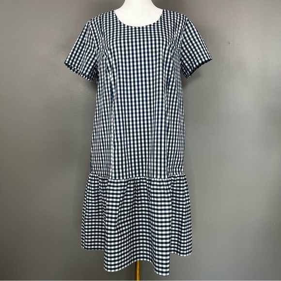 Universal Standard J. Crew Blue White Gingham Check Drop Waist Dress Size Medium - Picture 1 of 10